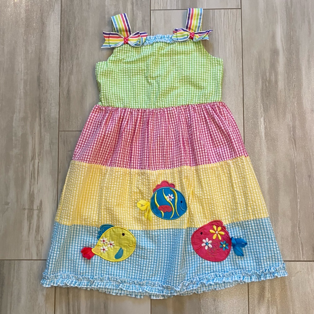 Rare Editions Colorful Gingham Dress with Tropical Fish Appliqués, girls size 6X